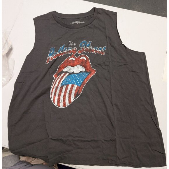 The Rolling Stones Women's Cropped Tank Top American Flag Logo Graphic Black 2X - Picture 8 of 10
